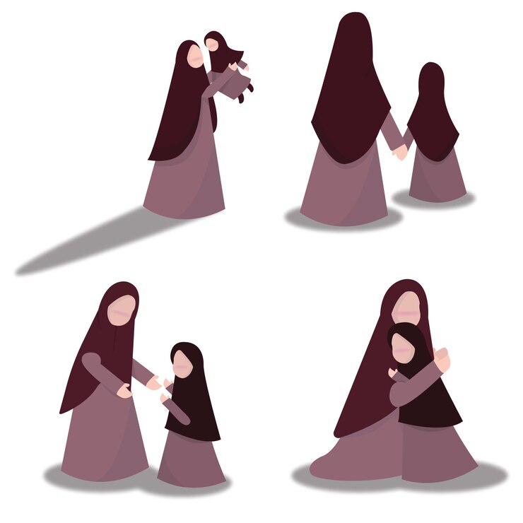 Vector mom and daughter character muslim set