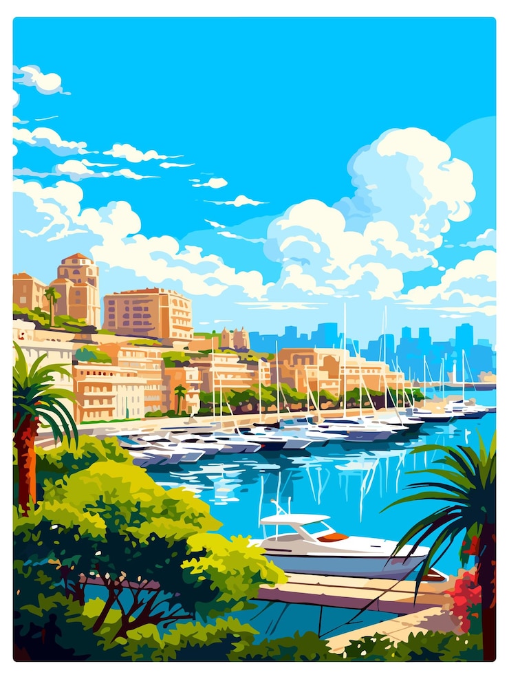 Vector monaco vintage travel poster souvenir postcard portrait painting wpa illustration