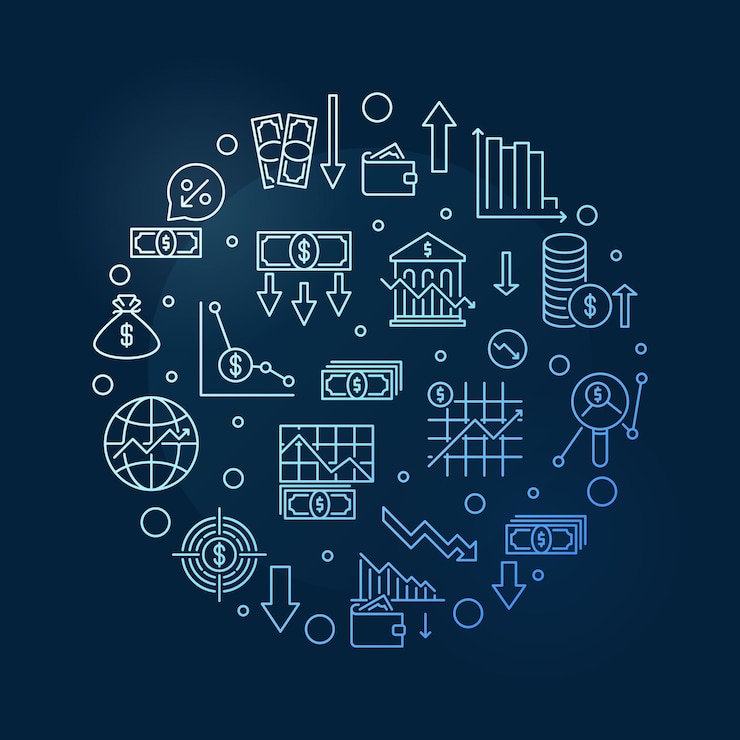 Monetary and Fiscal Policy vector Macroeconomics round outline blue banner