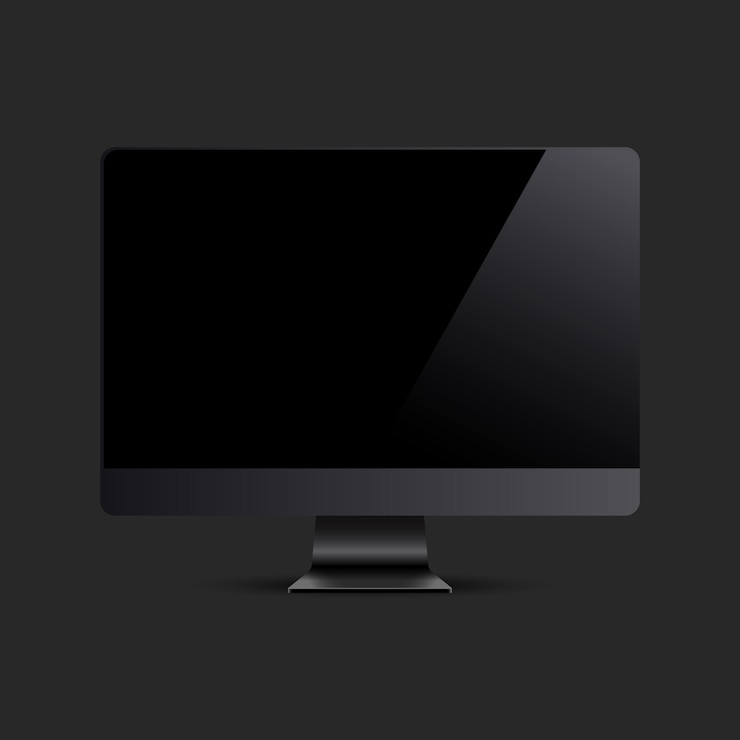 Vector monitor hitam komputer realistis terisolasi dengan latar belakang hitam