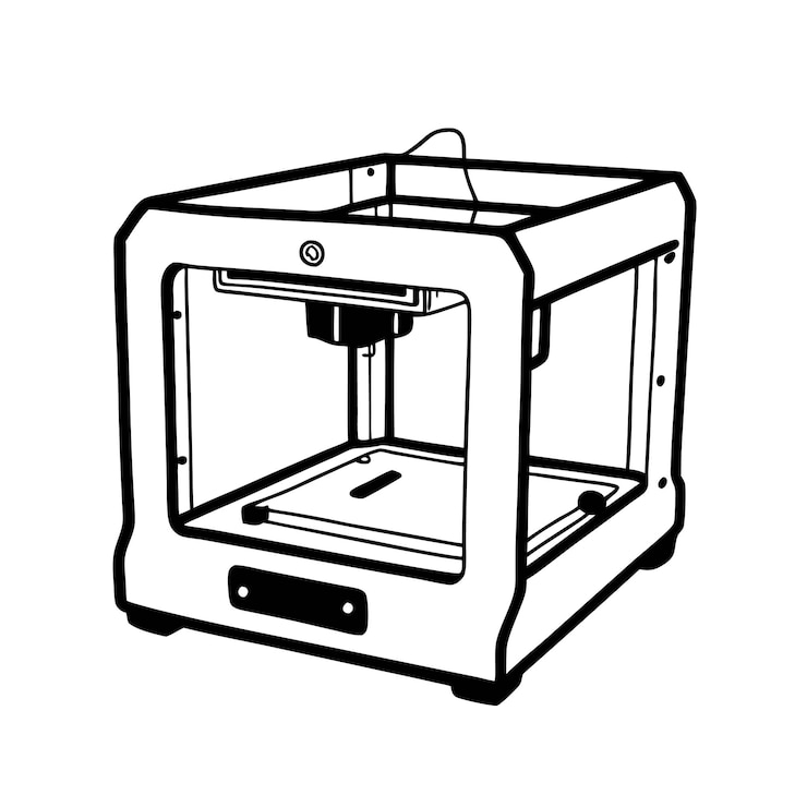 Vector monochrome 3d printer illustration modern technology and design for innovative manufacturing