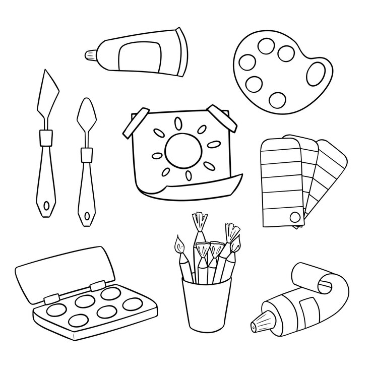 Vector monochrome icon set drawing accessories paints palettes brushes and palette knives vector cartoon
