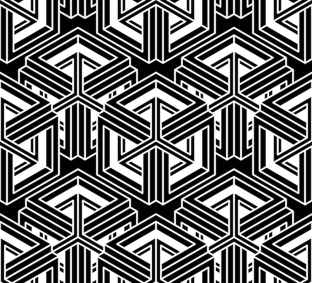 Monochrome illusory abstract geometric seamless pattern with 3d geometric figures. Vector black and white striped backdrop.