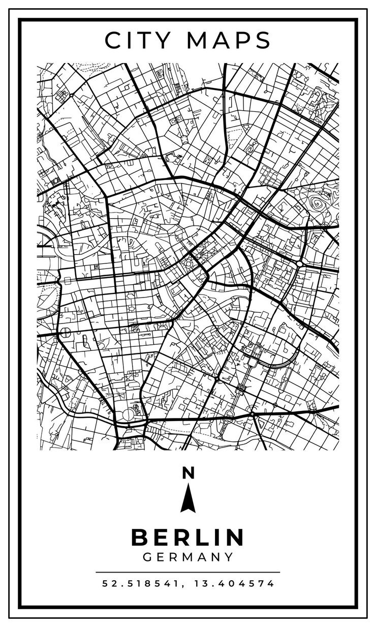 Monochrome Line Art Map of Berlin City Germany Illustration and home decoration