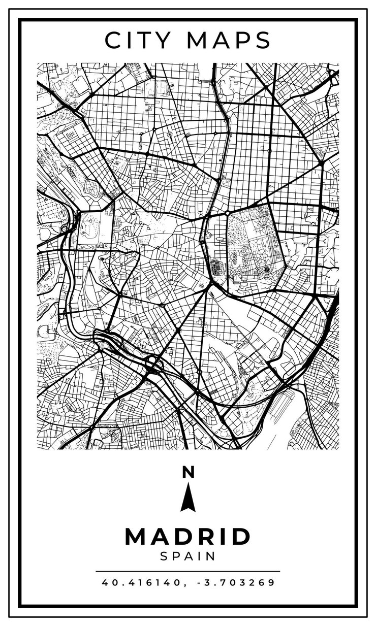 Monochrome Line Art Map of Madrid City Spain Illustration and home decoration