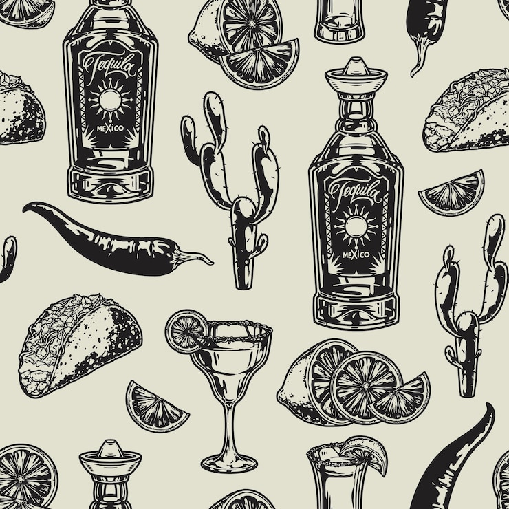 Vector monochrome mexican drink seamless pattern