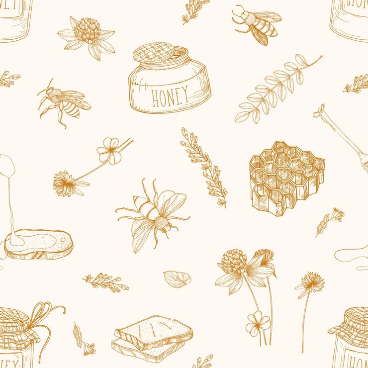 Monochrome seamless pattern with honey, bees, dipper, bread, honeycomb, clover, linden and acacia plants
