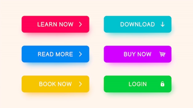 monochrome web-buttons in red, blue, yellow, purple and green color. 