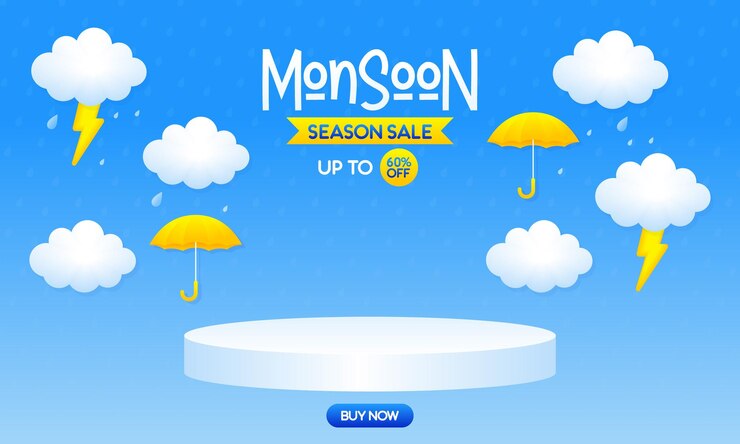 Monsoon Season Sale Banner with 3D Podium and Rainy Weather Elements Up to 60 OFF