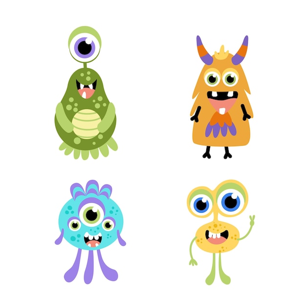 Monsters set Cute jolly colorful monsters Flat cartoon vector