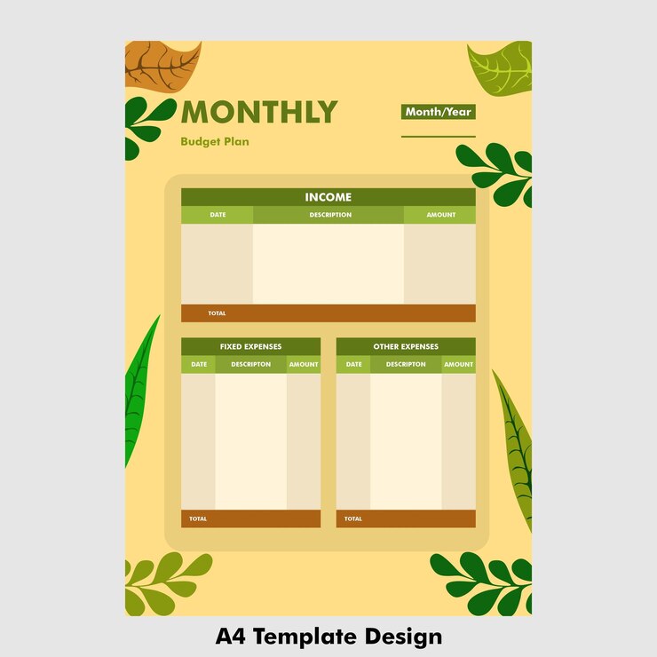 Vector monthly budget planner template printable a4 wit concept nature leaves summer