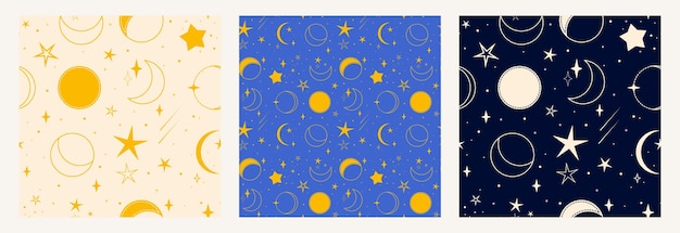 moon stars comets set of seamless patterns with cosmic elements in classic colors
