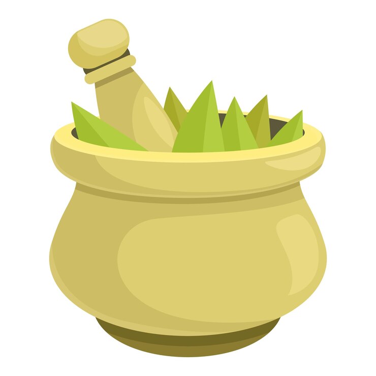 Vector mortar and pestle crushing herbs for traditional medicine preparation