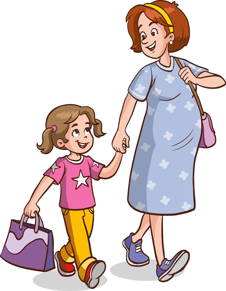 Vector mother and baby girl kid walk hand in hand holding hands