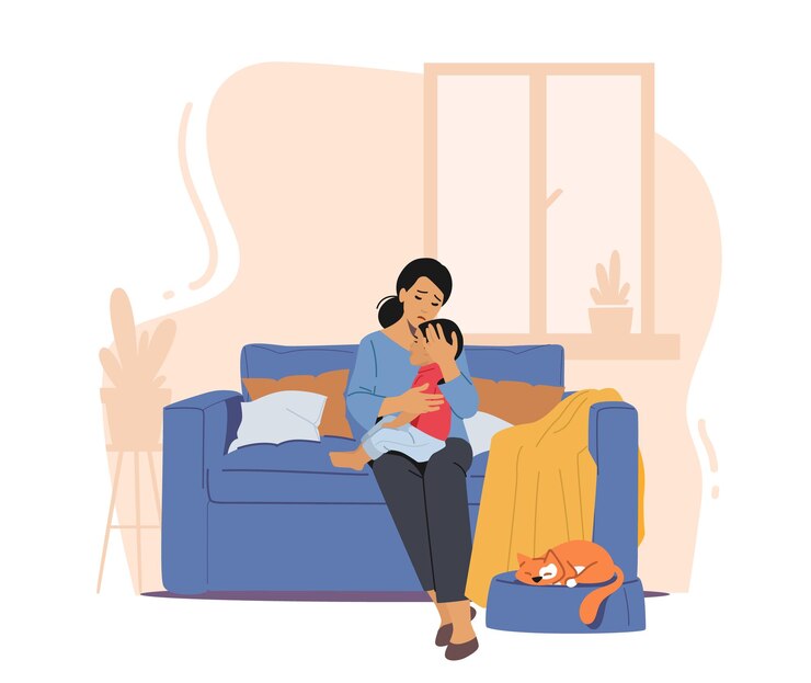 Vector mother calm down little frightened and crying son sitting on her knees in bedroom child cry of nightmare dream phobia fear mom comforting support and hugging baby cartoon vector illustration