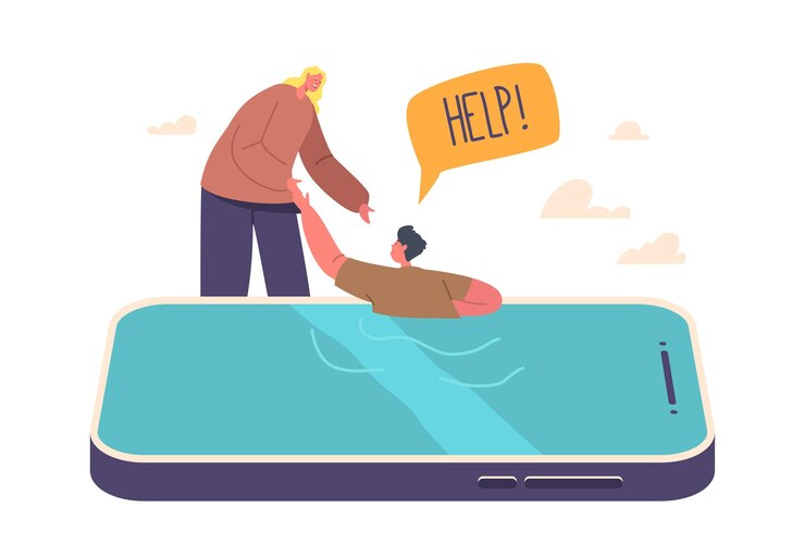 Vector mother character help to child drowning in smartphone screen parental involvement in children online activities ensuring their safety and privacy protecting against cyber threats vector illustration