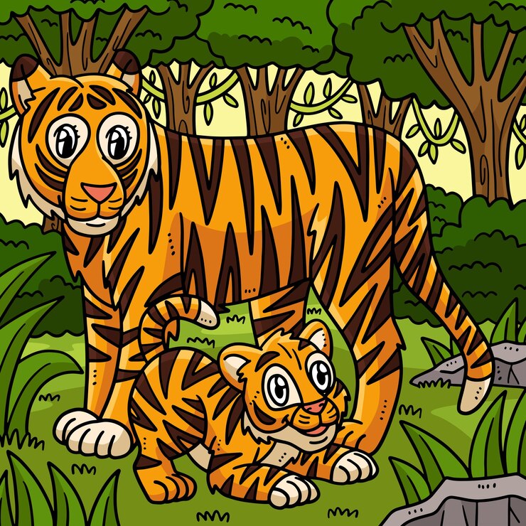 Vector mother tiger and cub colored cartoon illustration