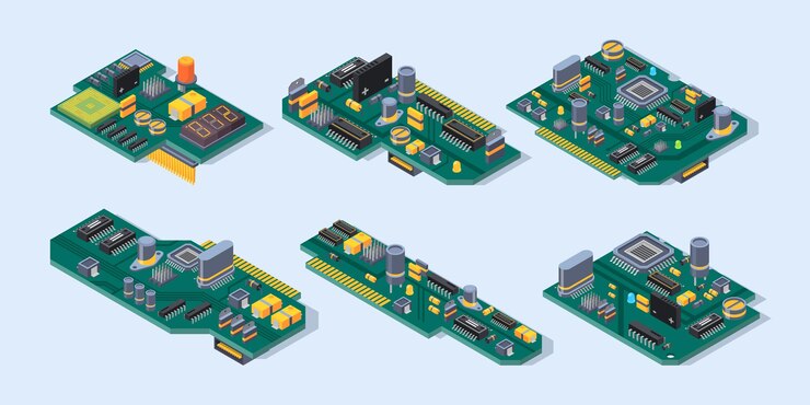 Vector motherboard isometric. computer manufacturing small chip microscheme plate semiconductor electronic parts  set.