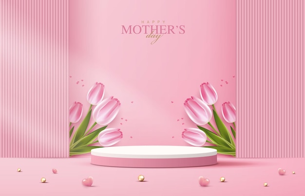 Mothers day for display podium Valentines Day with heart and flower minimal pink background product display presentation studio room concept minimal wall scene vector design