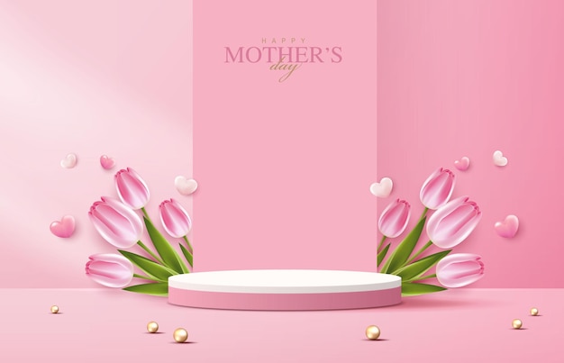 Mothers day for display podium Valentines Day with heart and flower minimal pink background product display presentation studio room concept minimal wall scene vector design