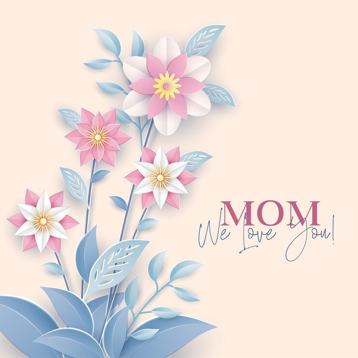 Vector mothers day greeting card delicate paper cut flowers on flat background
