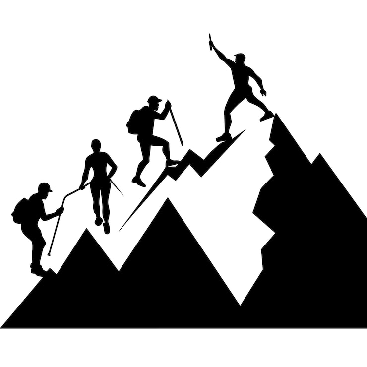 Vector mountain climbing silhouettes in different poses against a dramatic sky 9