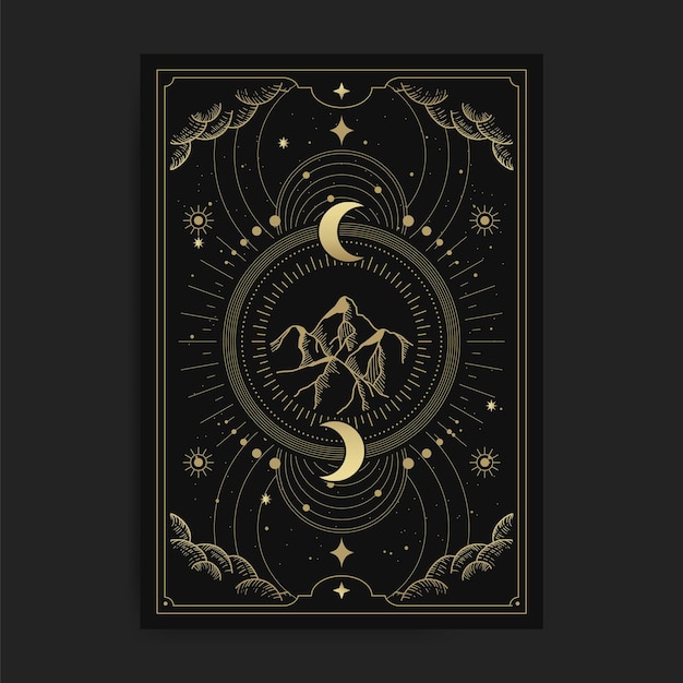 Mountain crescent moon golden sacred geometry