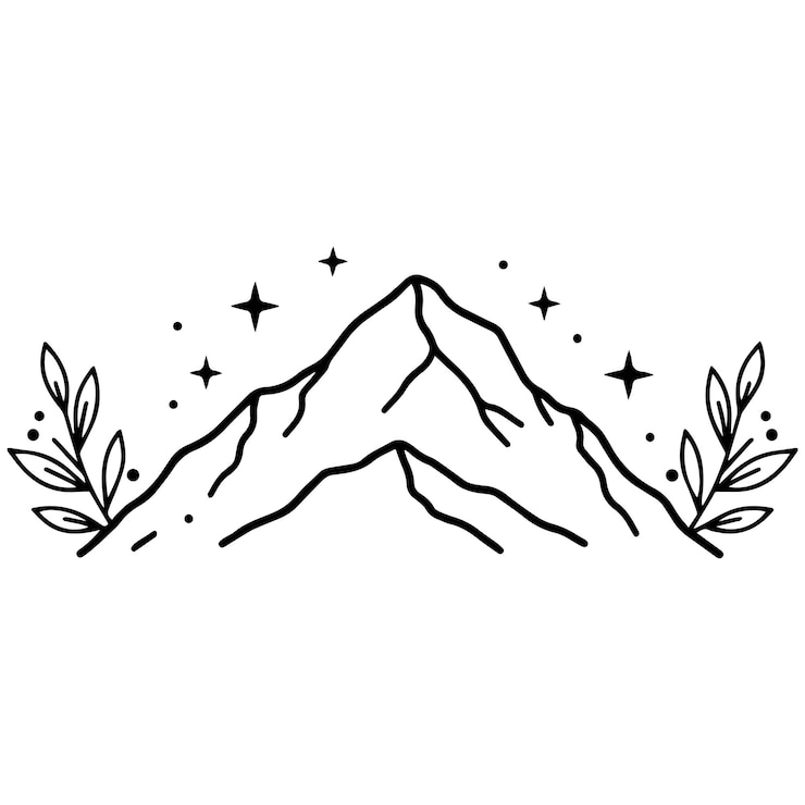 Mountain Peak Silhouette Black amp White Line Art with Leaves amp Stars