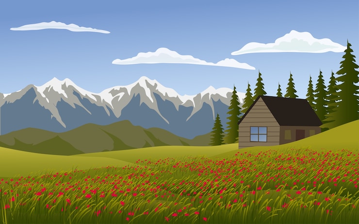 Vector mountain scenery with wooden house and meadow