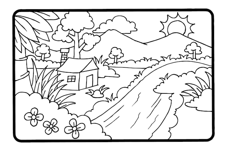 Vector mountain view coloring book or page education for children