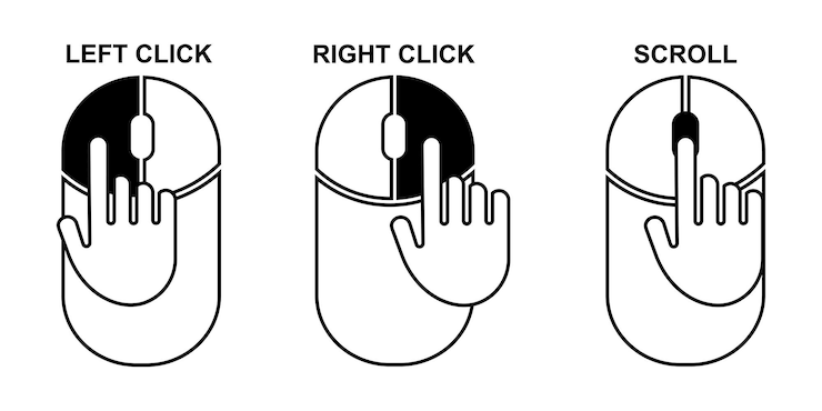 Vector mouse click on left, right and scroll wheel button. instruction using for mouse.