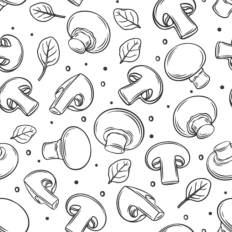 Vector mushroom champignon fungi outline seamless pattern