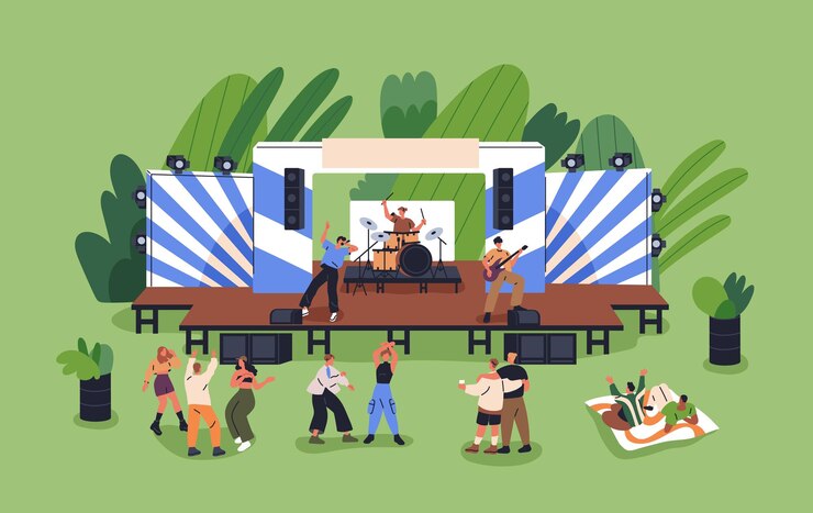Music band live outdoor concert on stage Openair festival with people audience dancing relaxing on grass at summer weekend fest Musicians performance show in park Flat vector illustration