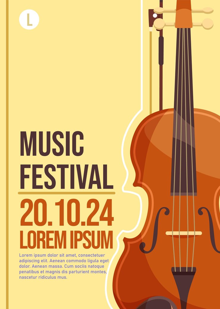 Music festival poster with a violin on a light background Vector illustration
