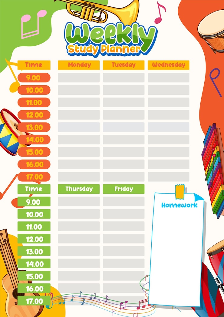 Vector music instruments weekly lesson plan template