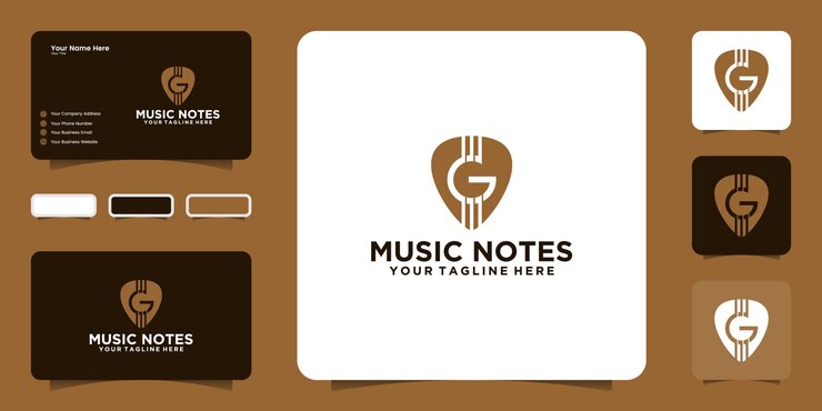 Music logo with guitar pick and letter G with business card