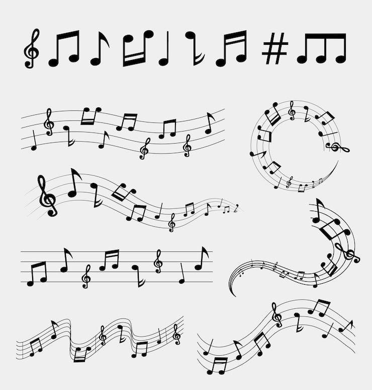 Vector music notes on lines collection. musical chords with curves and swirls. vector illustration