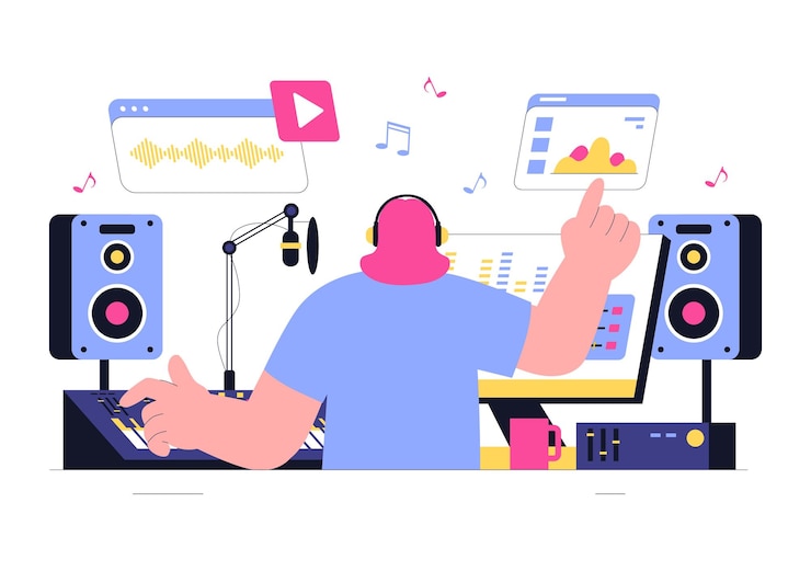 Vector music production illustration featuring people listening to and music recording an audio podcast or online show with professional studio equipment