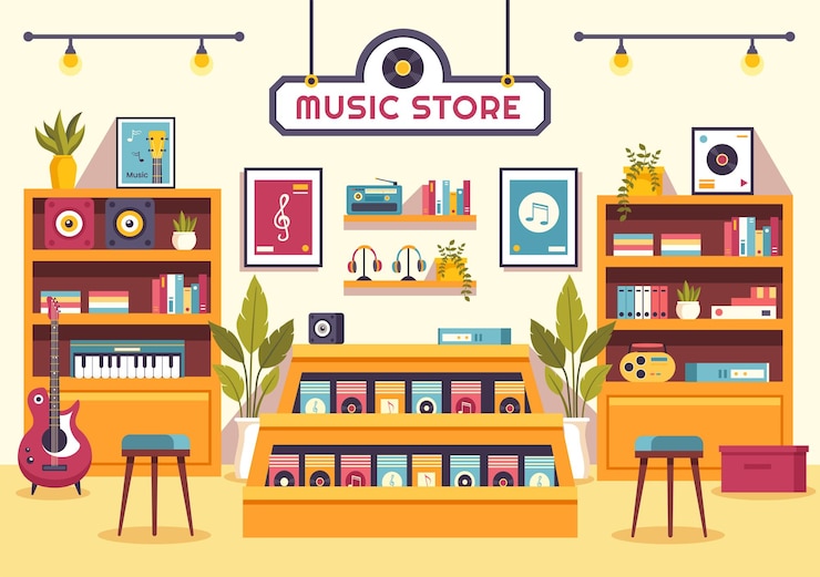 Vector music store vector illustration with various musical instruments cassette tapes and audio recordings