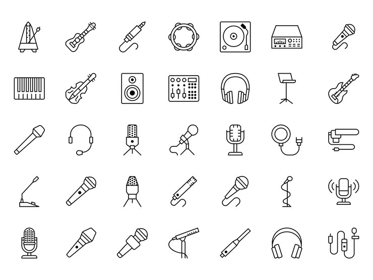 Vector musical equipment 35 outlined vector icons