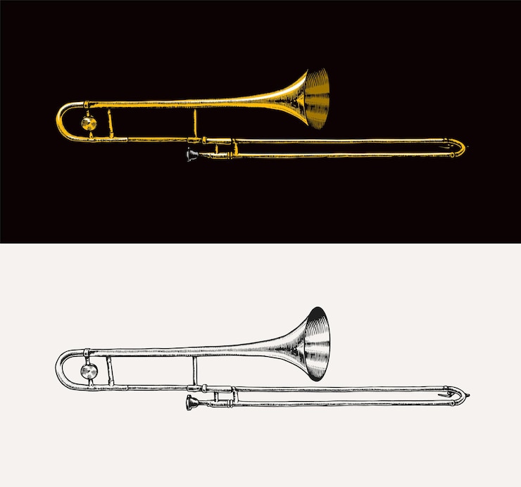 Vector musical wind jazz instrument trombone vector illustration classical trumpet in doodle outline style