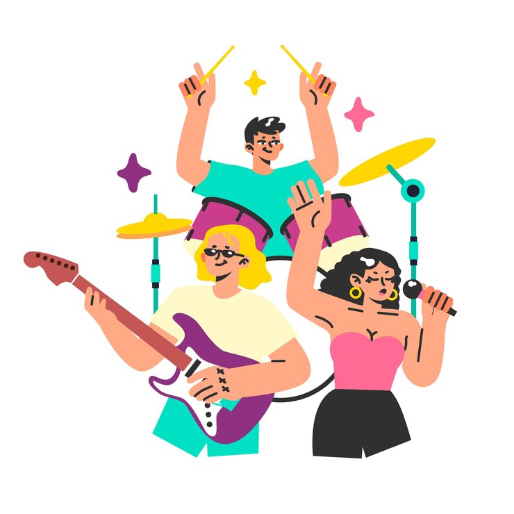 Vector musicians performing a concert band playing instruments woman