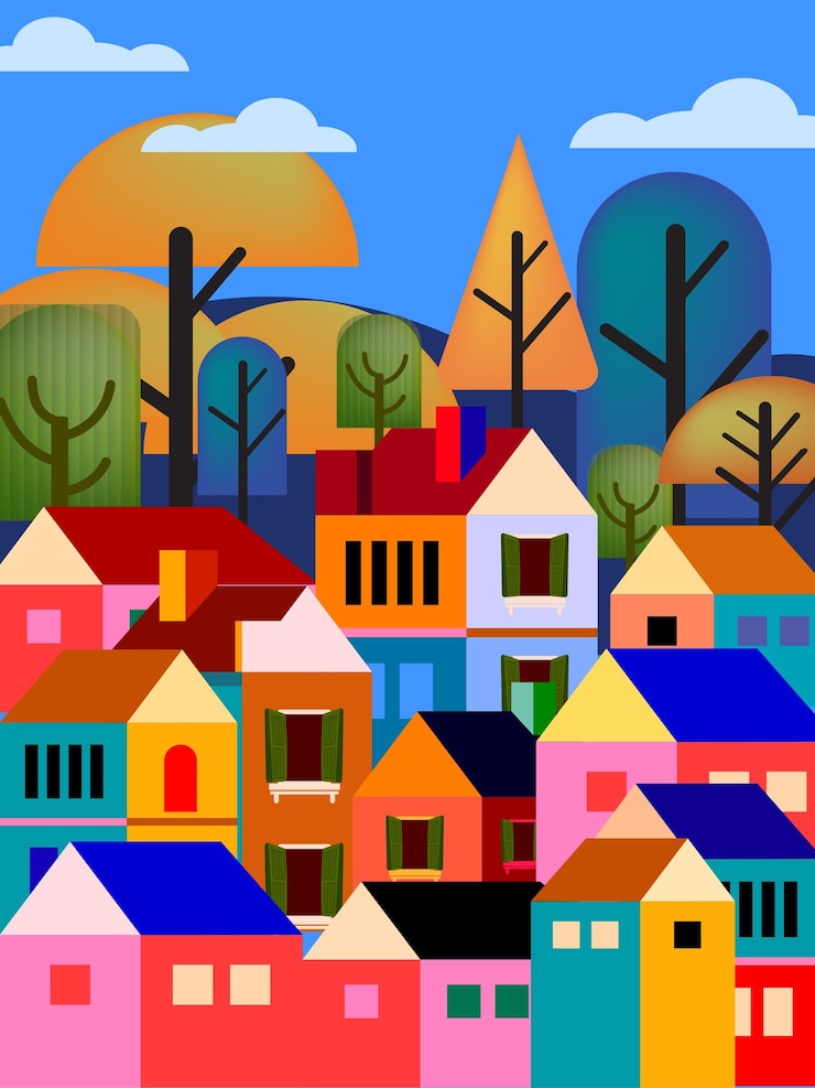 Vector musim panas penuh warna di kota kecil, pemandangan desa kecil, ilustrasi vektor rumah hunian