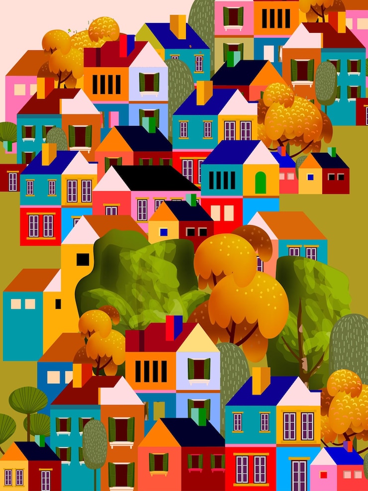 Vector musim panas penuh warna di kota kecil, pemandangan desa kecil, ilustrasi vektor rumah hunian