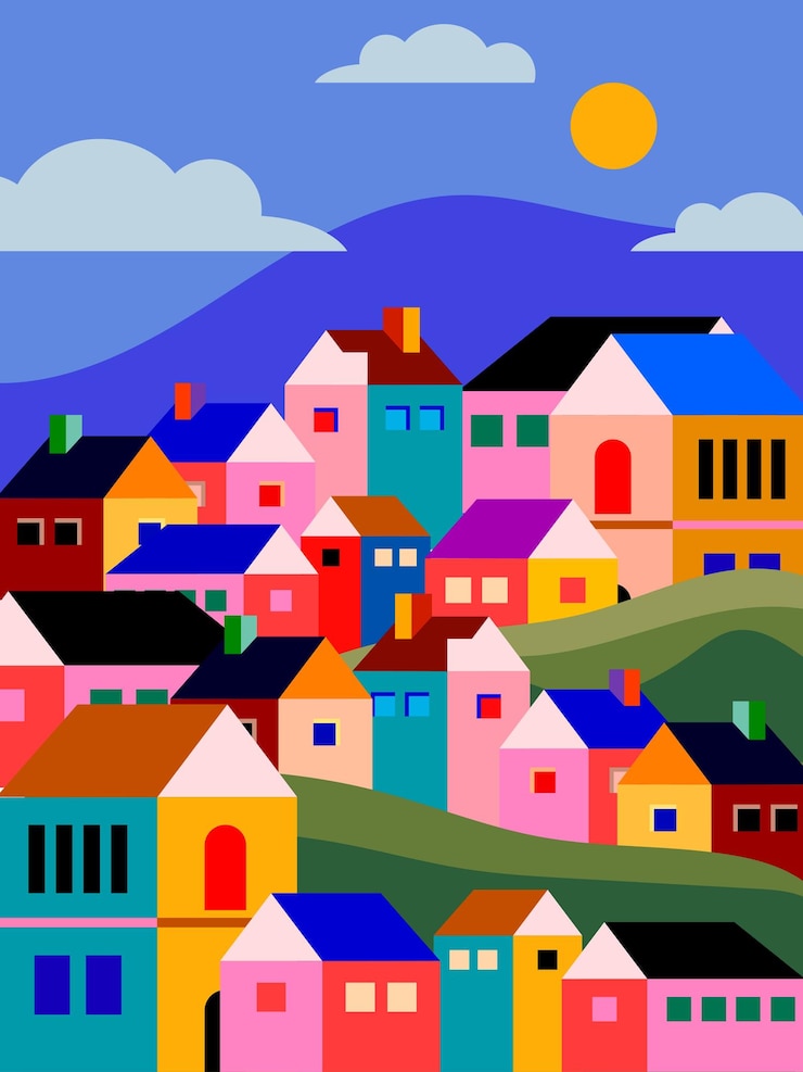 Vector musim panas penuh warna di kota kecil, pemandangan desa kecil, ilustrasi vektor rumah hunian