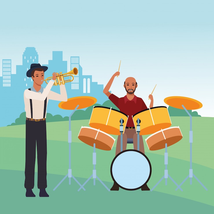 Vector musisi bermain terompet dan drum