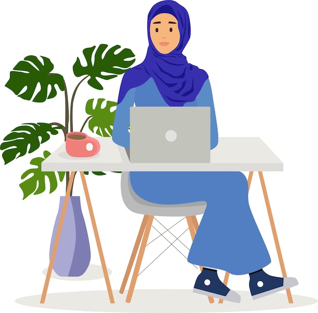 Muslim business woman in hijab holding a laptop.
A young Arab girl sits in a comfortable chair at a