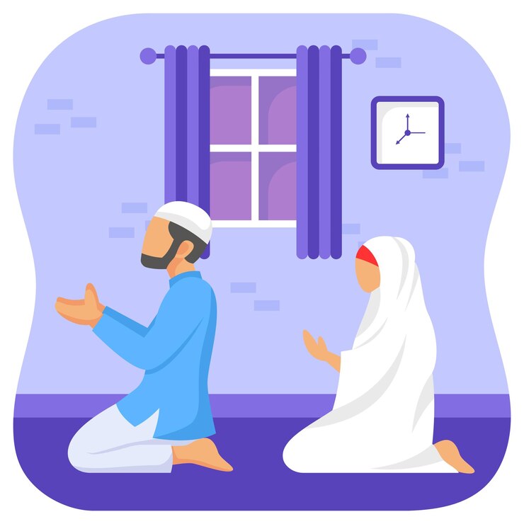 Vector muslim couple praying salat together husband and wife woman and man ibadah together in jamaah