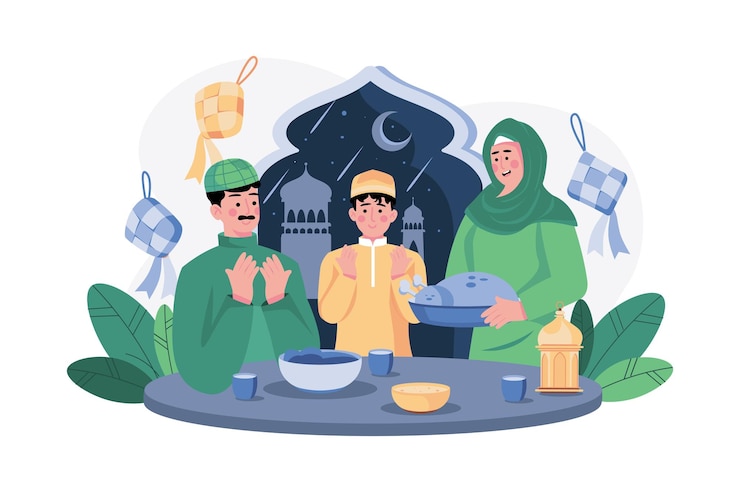 Vector muslim family doing eid prayer doing dinner
