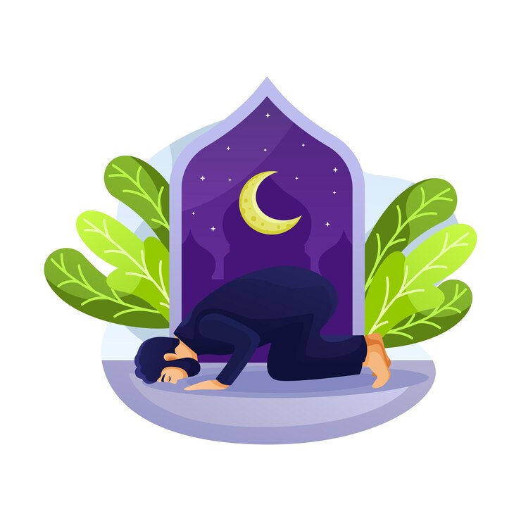 Vector muslim man praying in mosque. ramadan kareem flat cartoon character illustration